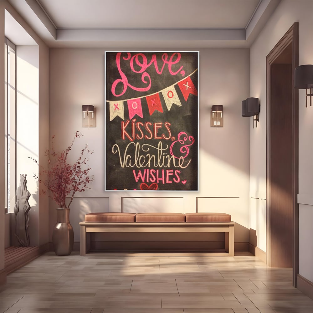 Tablou canvas cu tablou canvas cu mesaj de dragoste scris cu creta, in rama de aluminiu argintiu